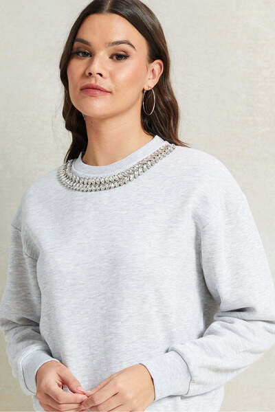 REDTAG Women Grey Embellished Neck Sweatshirt