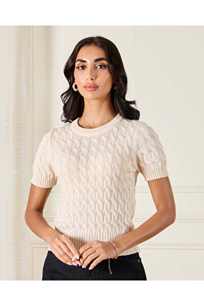 REDTAG Women Ivory Cable Knitted Pullover