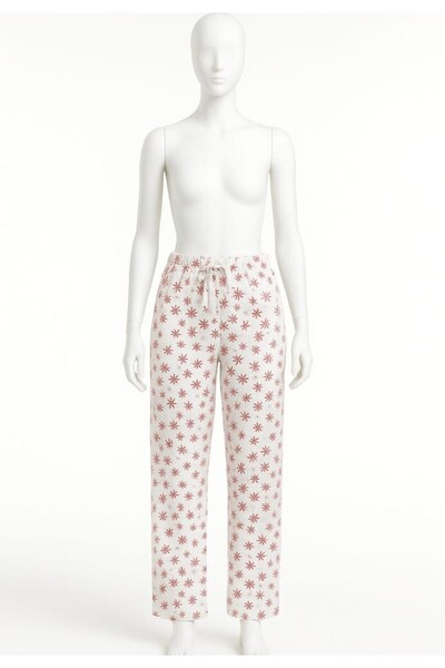 Serena Pantaloni lungi damă de Crăciun albi cu model fulgi de zăpadă – 100% bumbac