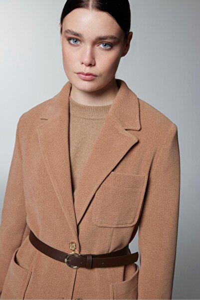 Zühre Double-Breasted Camel Jacket with Collar Belt Detail C-0170
