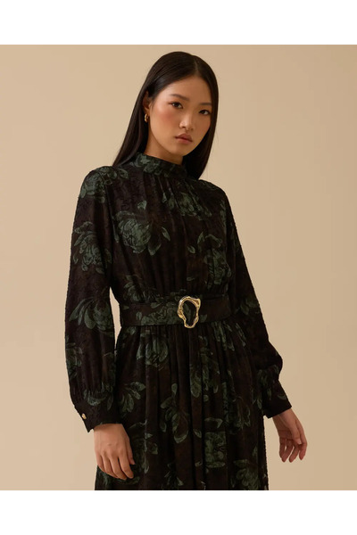 SEÇİLSTORE 10002521311010 ÜSTÜ TÜL DESENLİ BELİ KEMERLİ ŞIK ELBİSE