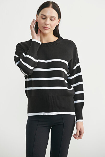 Sementa سترة تريكو بتفاصيل خطوط قصة فضفاضة - أسود