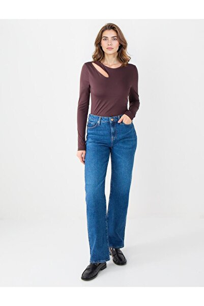 Jimmy Key Bitter Brown Asymmetric Neckline Long Sleeve Slim Fit Knitted Blouse