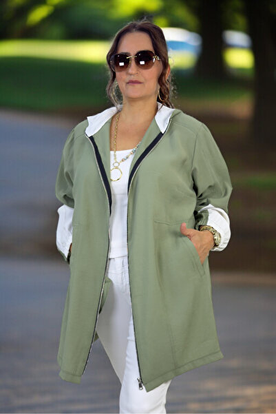 yagmurberen K Hooded Modal Fabric Large Size Seasonal Thin Safari Jacket with Pockets and Zippers