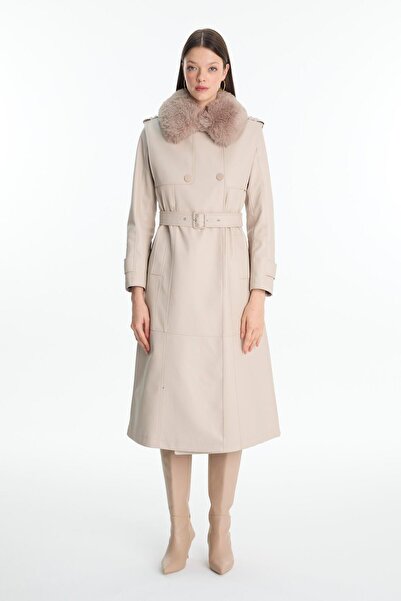 Zühre Kürk Yaka Taş Deri Trençkot 13822