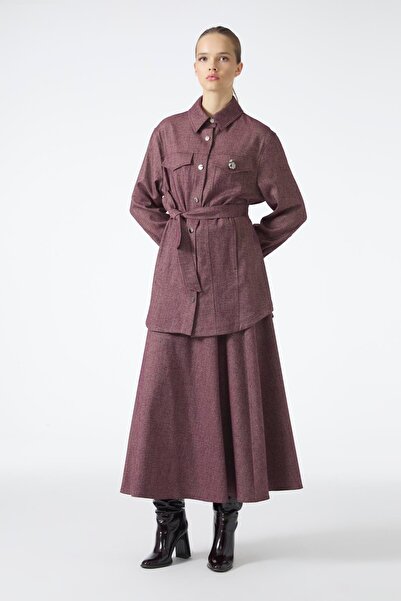 Zühre Brooch Detailed Belted Plum Jacket C-0158