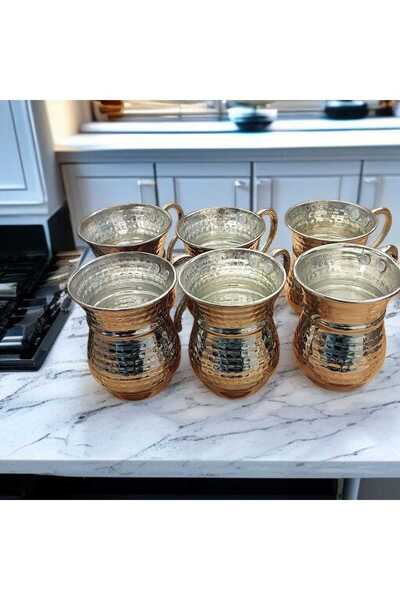 Bakır Center Nickel-Plated Silver-Coated Copper Cup & Copper Mug Forged Copper Ayran Cup with Handle 6 Pieces Mashrafa
