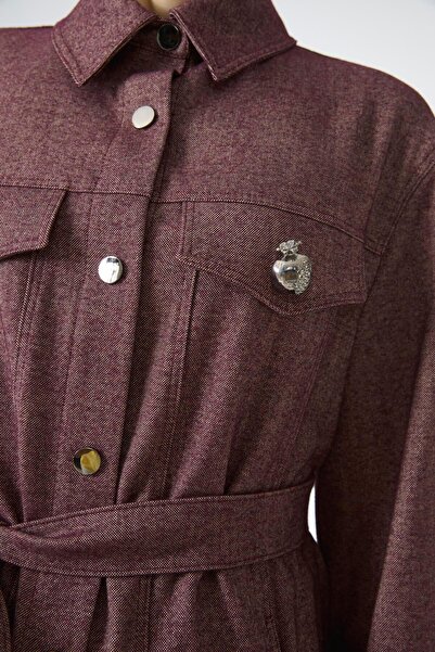 Zühre Brooch Detailed Belted Plum Jacket C-0158