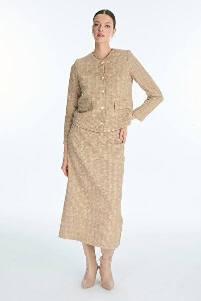 Zühre Round Neck Button Detail Beige Double Suit Tk-1706