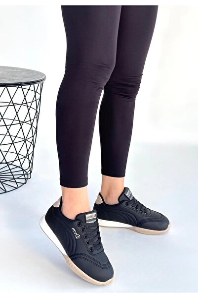 meSga butik Tawen Black Leather Beige Sole Lace-Up Sports Shoes