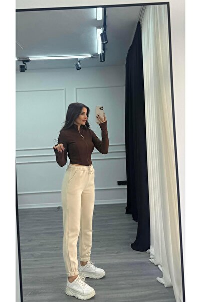 Daves Bej Paçaları Lastikli Üç İplik %100 Pamuklu Eşofman