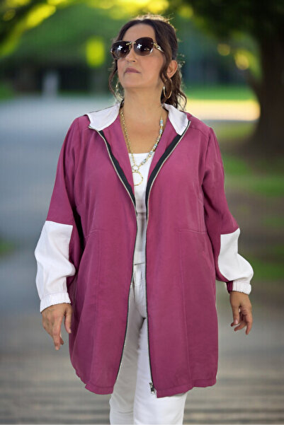 yagmurberen K Hooded Modal Fabric Large Size Seasonal Thin Safari Jacket with Pockets and Zippers