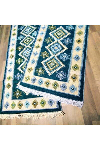 OEM 1+1 Traditional rugs, 60 x 150 cm, green and cream, ROMB pattern