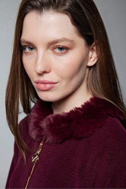 Zühre Fur Collar Zippered Jacket Skirt Burgundy Double Suit Tk-1730