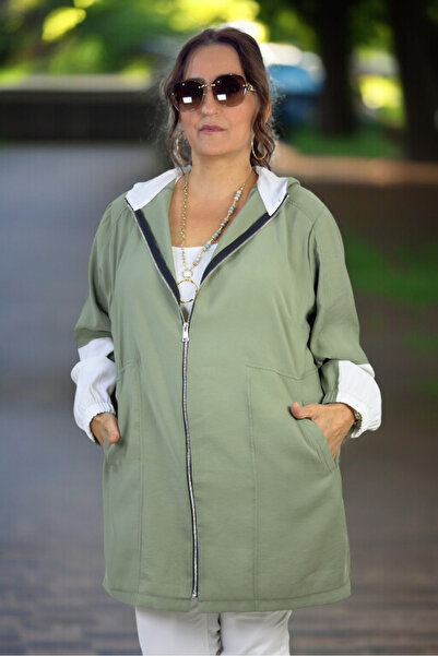 yagmurberen K Hooded Modal Fabric Large Size Seasonal Thin Safari Jacket with Pockets and Zippers