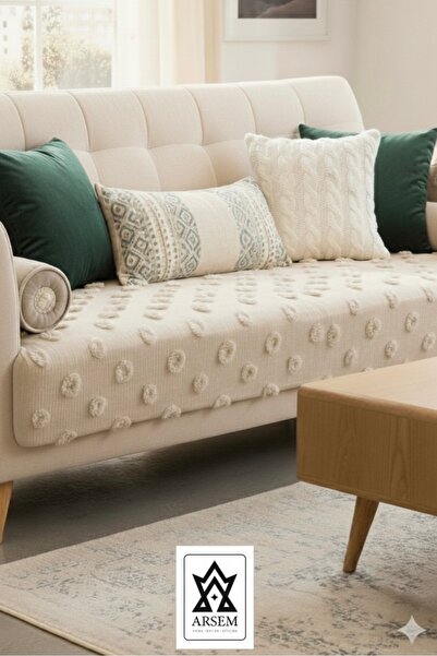 ARSEM EV TEKSTİL Pompon Sofa Cover Cappucino 100X250Cm