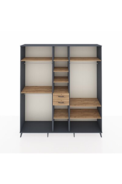 Dienni Hyperion Dolap 10 Raflı 2 Çekmeceli 3 Askılı 220x44x243 Antrasit-Çam/Çam