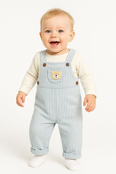 Babito Baby Boys' Striped Tracksuit with Slopetli Teddy Bear Design and Ic Badili Double Set