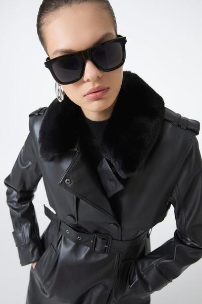 Zühre Kürk Yaka Siyah Deri Trençkot 13822