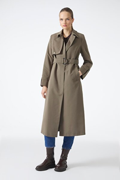 Zühre Gömlek Yaka Kemerli Kol Detaylı Haki Trençkot 13723