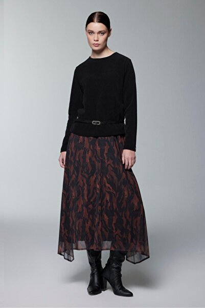 Zühre Belt Detailed Patterned Skirt Blouse Skirt Black Double Set E-0522
