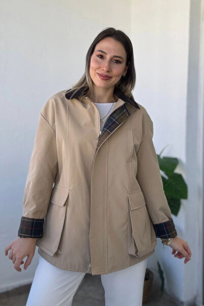 Kubos Moda Kadife Yaka Ekose Astar Detaylı Bej Ceket Kaban