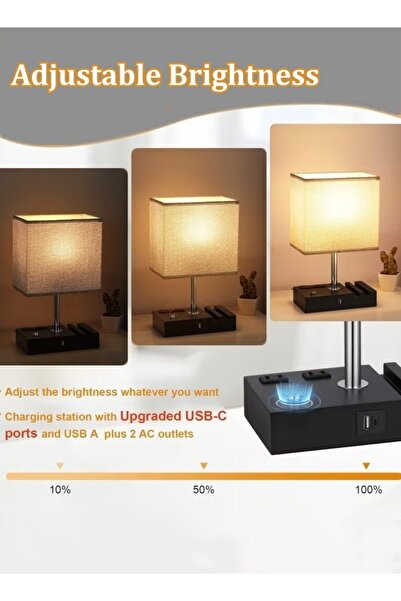 Generic Desk Lamp Bedside Lamp Dimmable Table Lamp with 2 AC Outlet and Phone Slots LED Bulb Included