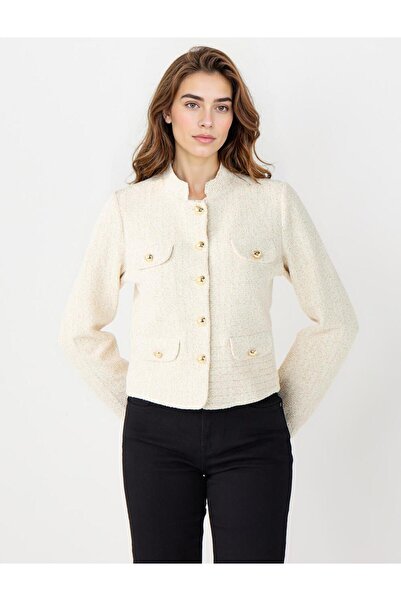 Jimmy Key Екрю Прямий крій Металеві ґудзики Деталізована ткана куртка