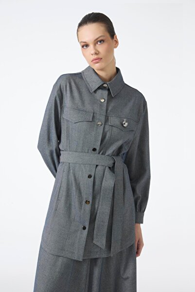 Zühre Brooch Detailed Belted Indigo Jacket C-0158