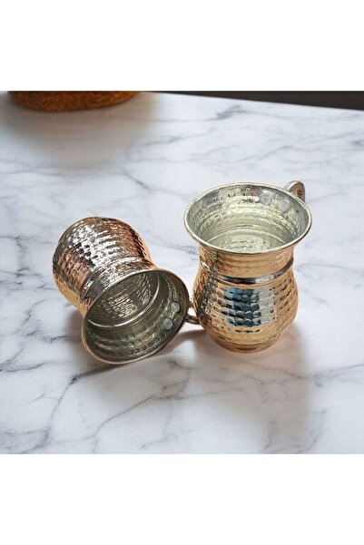 Bakır Center Nickel-Plated Silver-Coated Copper Cup & Copper Mug Forged Copper Ayran Cup with Handle 2 Pieces Mashrafa