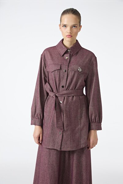 Zühre Brooch Detailed Belted Plum Jacket C-0158