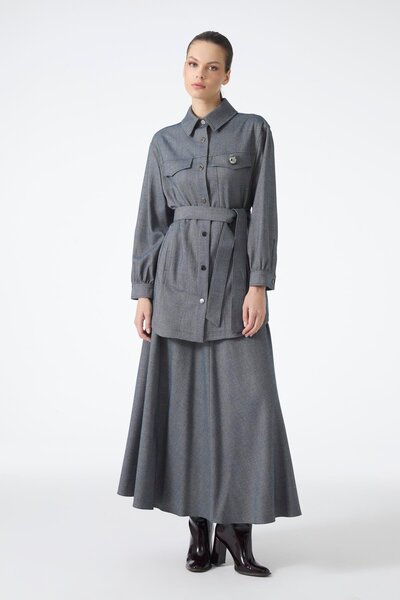 Zühre Brooch Detailed Belted Indigo Jacket C-0158