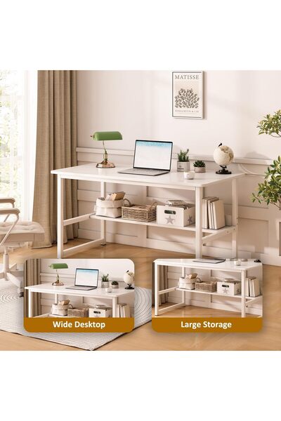 Roam shop Study Desk with Writing Desk Table Gaming Table Computer Desk with Bookshelf 120 * 55*73CM (White)