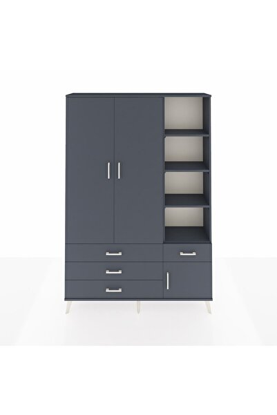 Dienni Arges Dolap 5 Raflı 4 Çekmeceli Tek Askılı 132x30x195 Antrasit-Antrasi...