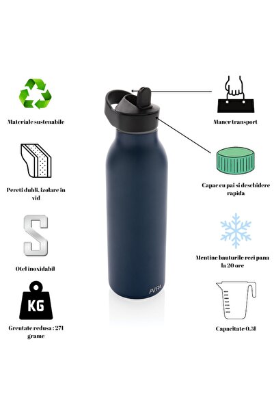 RONIC X Avira water bottle 500 ml, straw with flip lid, leak-proof, BPA-free, recycled stainless steel