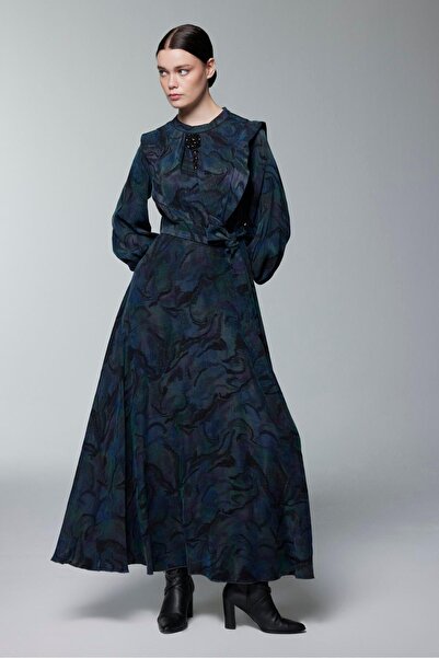 Zühre Patterned Belted Blue Dress E-0516