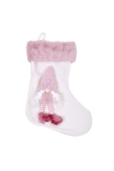 OEM Decorative Christmas Boot White with Pink Fur 3D Gnome with Pigtails 46 cm