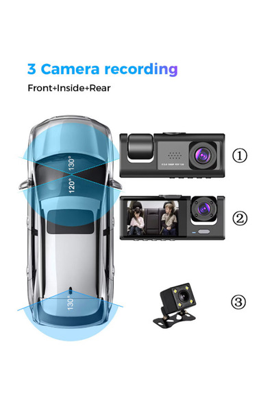 BASE Car DVR Dash Camera Full Hd 1080p 170 Degree Ultra Wide Field of View Lcd Screen 3 Lenses