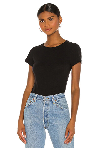 bysoca Women's Black Crew Neck Short Sleeve Bodycon Jersey Basic Thong Bodysuit