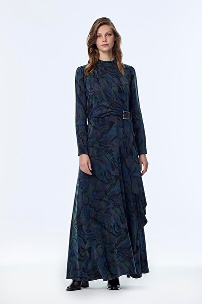 Zühre Silk Cupra Blue Dress with Buckle Detail E-0539