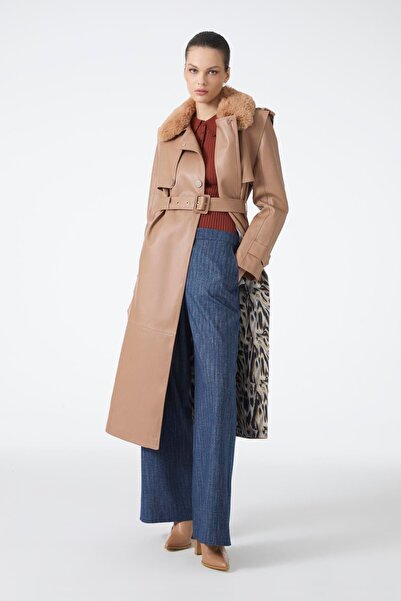 Zühre Kürk Yaka Camel Deri Trençkot 13822