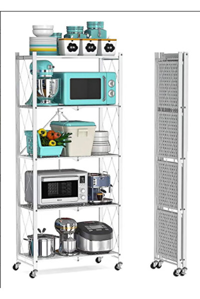 HayaBazaar 5 Tier Foldable Moveable Metal Storage Rack,White,71x36x163cm
