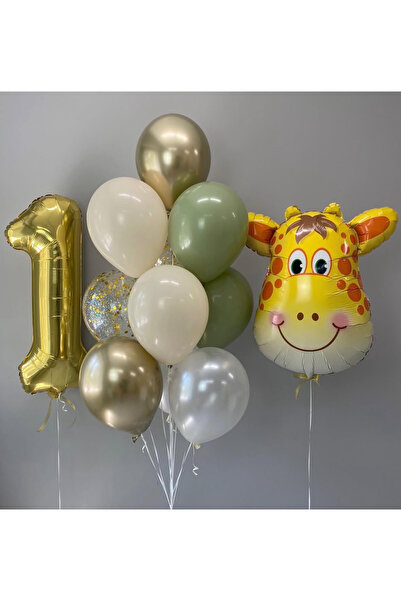 parti kral Safari Temalı 1 Yaş Okaliptüs Balon Buketi