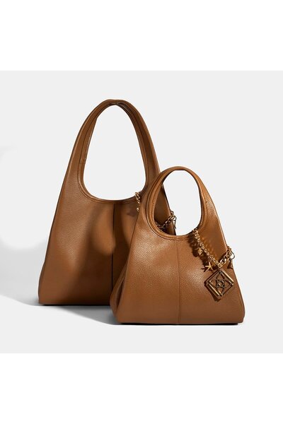 Desa Women's Tan Leather Shoulder Bag with Charm Accessories