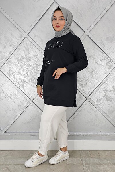 PYS KADIN DİKME ÇİÇEK VE TAŞ DETAYLI TESETTÜR TUNİK
