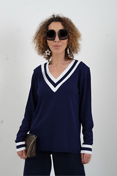 Zelish My Sister Pulover tricotat special cu dungi cu decolteu în V bleumarin