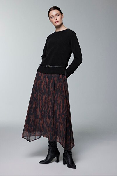 Zühre Belt Detailed Patterned Skirt Blouse Skirt Black Double Set E-0522