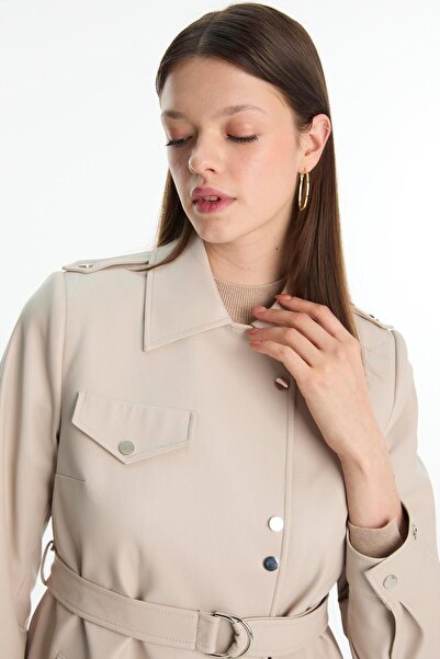 Zühre Gömlek Yaka Kemer Detaylı Taş Deri Trençkot 13823