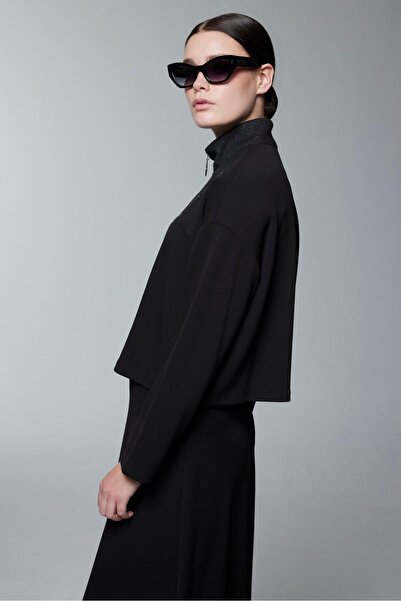 Zühre Stand Collar Color Block Black Double Suit Tk-1180