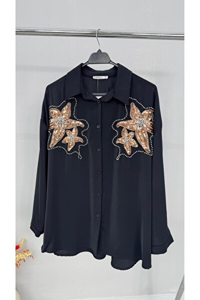 Koza Butik Women's Plus Size Sequin Embroidered Long Sleeve Shirt 1985-26